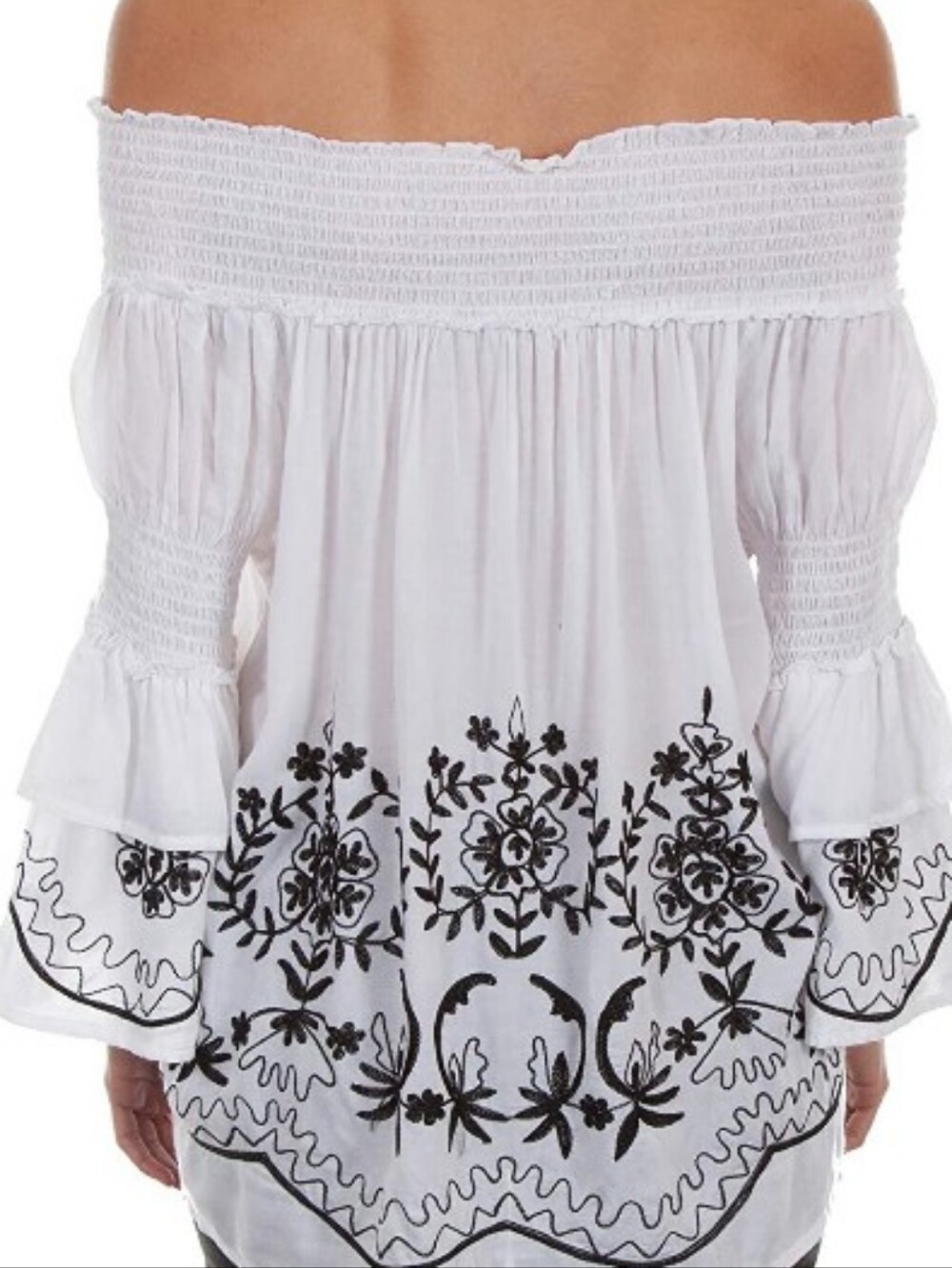 Scully White Off-Shoulder Tunic with Black Floral Embroidery